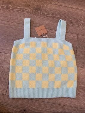 Blu Pepper Teal Yellow Checkered Knit Square Neck Tank Top Size Small NWT